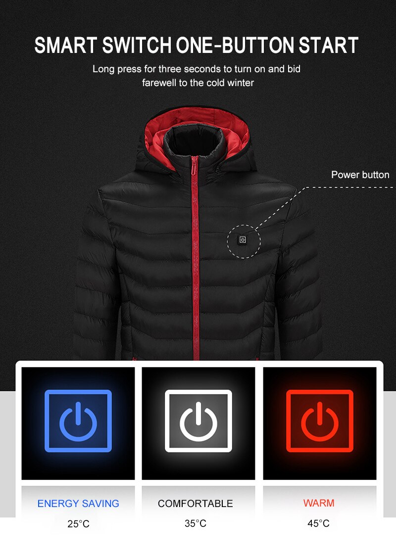 Electric heated jacket outdoor sports coat winter coat with cap and USB electric heating SIZE M-4XL