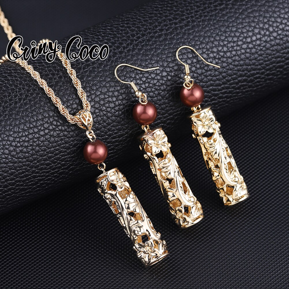 Cring Coco Earrings Necklace Set Hawaiian Polynesian Samoa Gold Hollow out Pearl Pendant Necklace Jewelry Set for Women