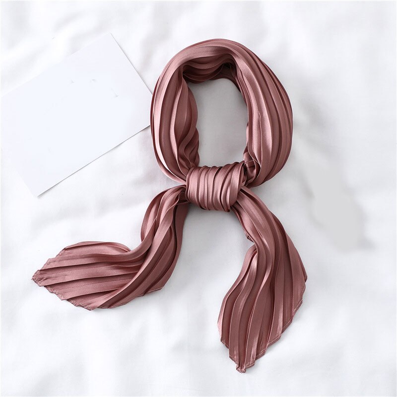 Silk Pleated Scarf Square Scarf For Women Small Scarves Soft Satin Neckerchief Decorative Headscarf Solid Hair Scarf Summer: dark pink