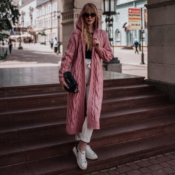 dame uformelt strikket cardigan langermet hettegenser vinter varm ensfarget lange gensere kåpe: Rosa