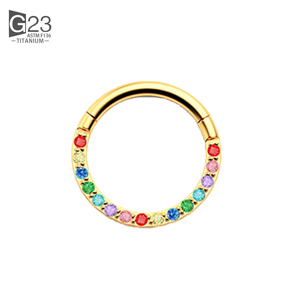 100% G23 anillo de titanio para la nariz para mujer pequeño tabique Nasal cartílago aro pendiente Piercing 16 gramos frontal Lnlaid Rainbow CZ bisagra: Blanco / Color dorado