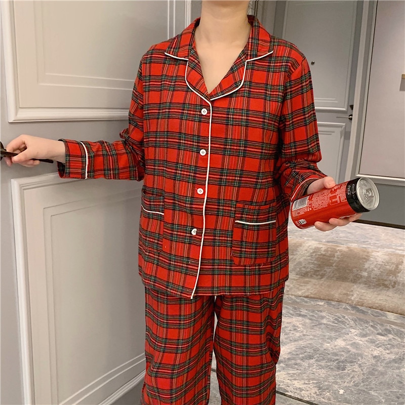 women’s korean pajamas plaid pajama sets simple homesuit loose cotton ladies two-piece long sleeve spring autumn nightwear L020