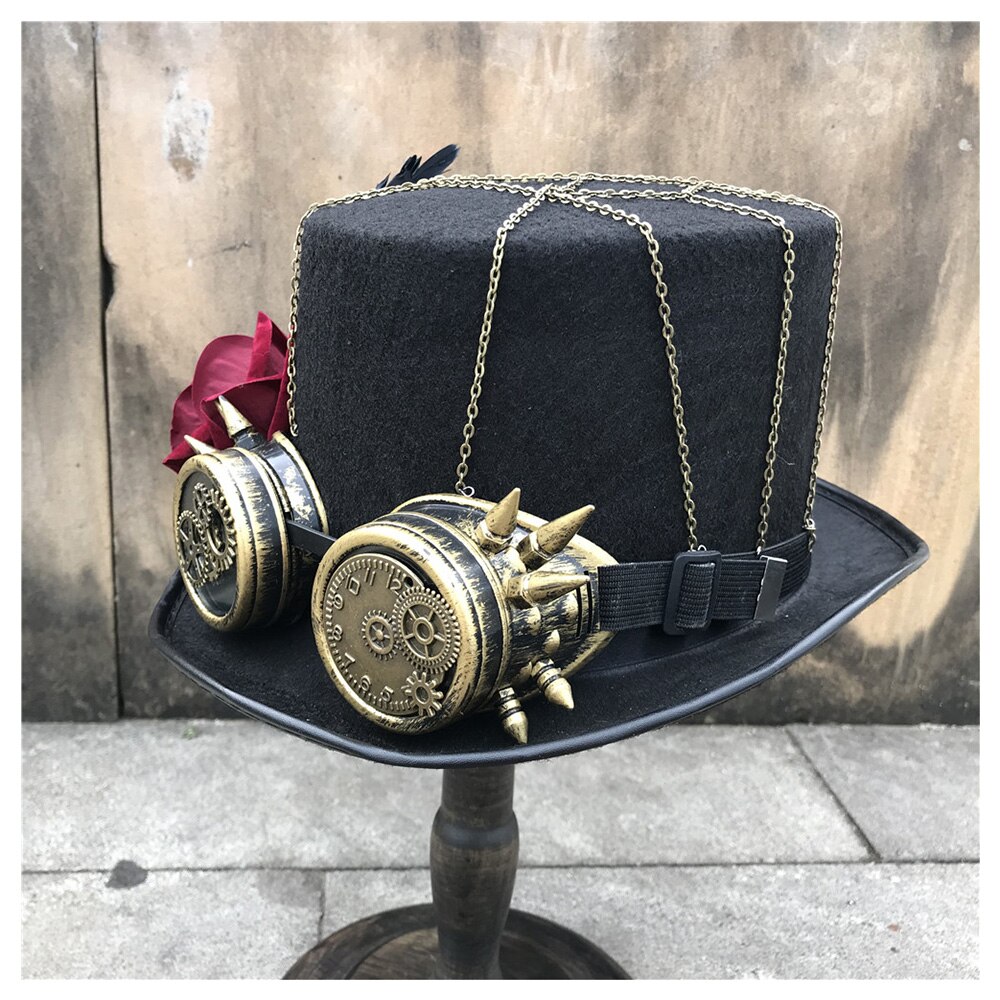 Sombrero Steampunk con tapa hecho a mano para mujer, sombrero redondo mágico con gafas de engranaje y flores para escenario, sombrero de boda, talla 57CM, Sombrero estilo Steampunk