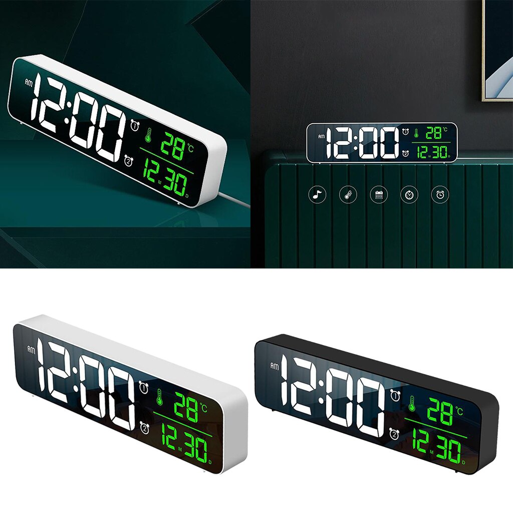 10 Inch Large Screen Digital Alarm Clock Temp Day Calendar AM/PM Mirror Wall Clock 40 Music Adjustable Volume Decoration