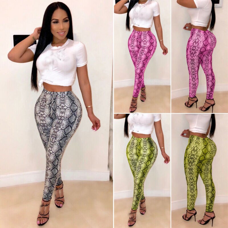 Womens Stretch Snakeskin Leggings Broek Grijs Geel Slangenprint Legging