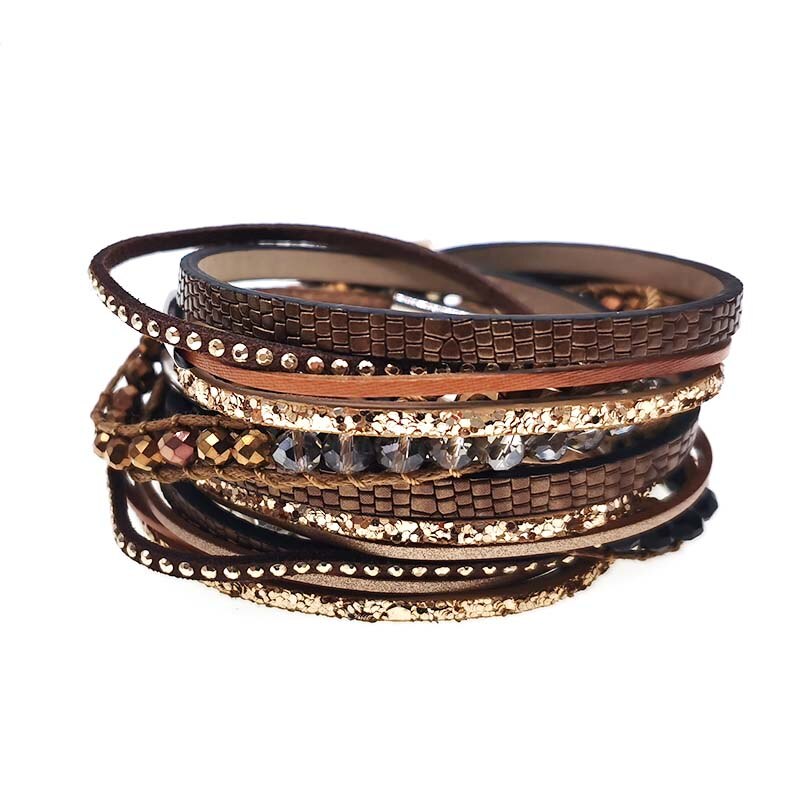 Pulsera de cuero multicapa con cuentas de cristal y abalorios de Metal para mujer, joyería femenina, 3 capas,