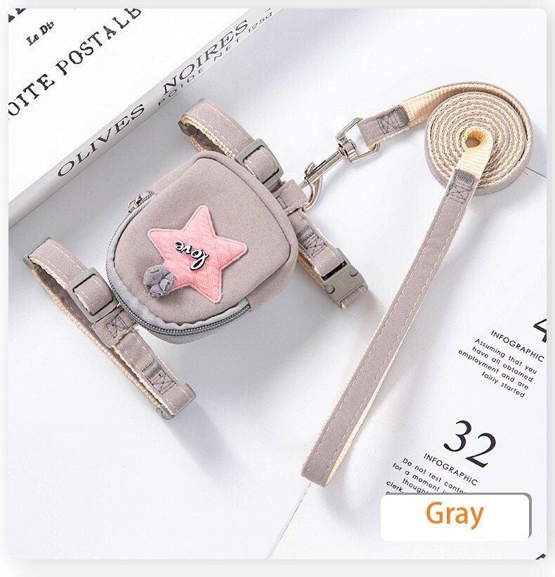 Halsband Leash Set Verstelbare Puppy Harnas Huisdier Harnas Voor Kat En Hond Zachte Halsbanden &amp; Leads Met Leuke rugzak: gray / M