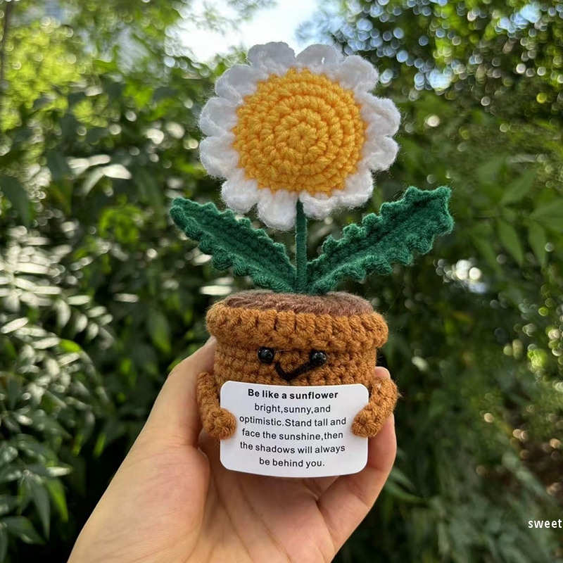 Flor de ganchillo hecha a mano, adorno de lana tejido en maceta de girasol, decoración divertida para aliviar el estrés con tarjeta positiva