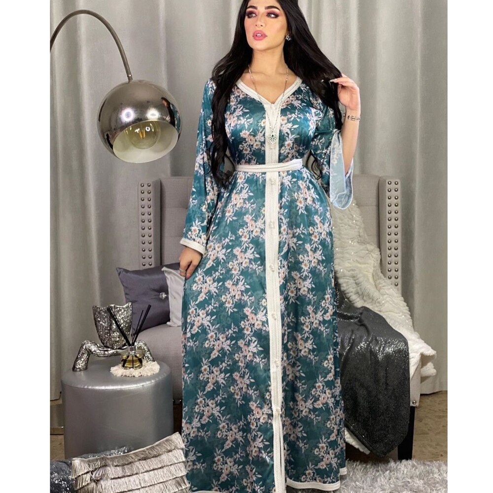 AB030 Luxe Jurk Sky Blue Abaya Soiree Moslim Vrouw Dubai Islamitische Kleding World Kleding Winkel Turkse Mooie Print Flora