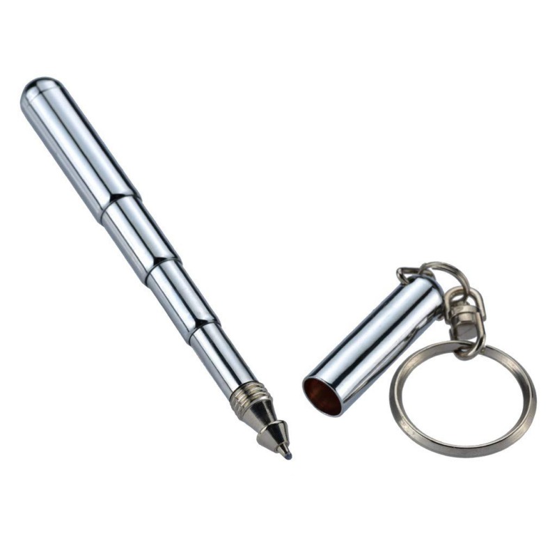 Delicate Rvs Pen Draagbare Telescopische Pen Sleutelhanger Pocket Balpen Ambachten Met Sleutelhanger Caps