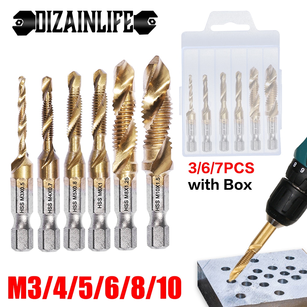 Metric Thread Tap Drill Bits Set Hex Shank Titanium Plated HSS Screw Thread Combination Drill Tap M3 M4 M5 M6 M8 M10 Hand Tools