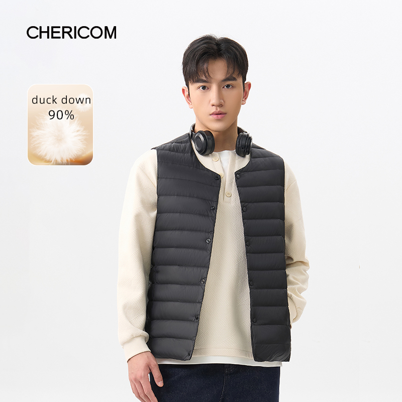 Chericom Men's Lightweight Duck Down Vest Stand Collar Sleeveless Puffer Jacket Solid Color Thermal Layer for Winter Y309955N