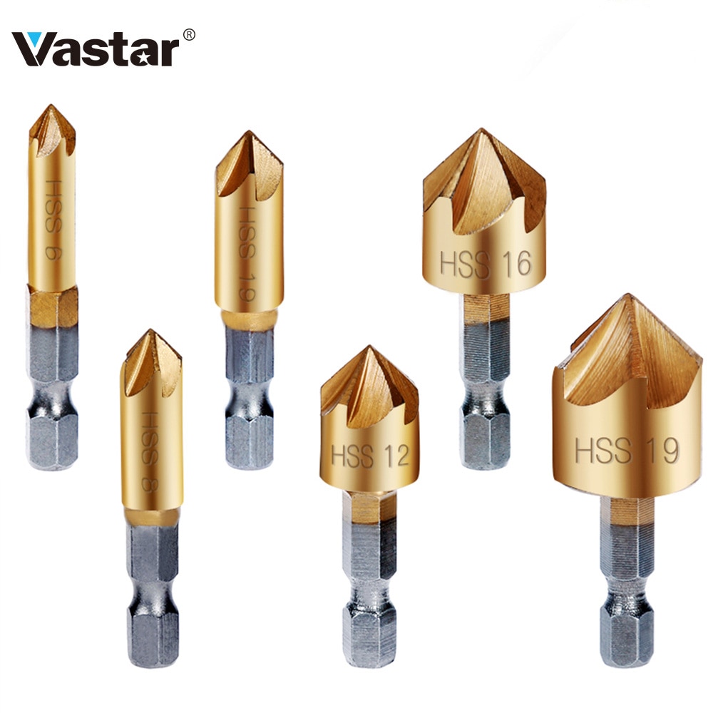 Vastar 6 pièces fraise jeu de forets 1/4 ''tige hexagonale HSS 5 cannelure fraise 90 degrés bois chanfreinage chanfrein 6mm-19mm