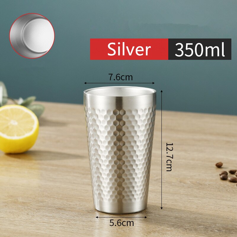 Stackable Stainless Steel Beer Cups Unbreakable Drinkware Bar Mug Double Layer Mugs Coffee Tea Cup: Silver 350ML