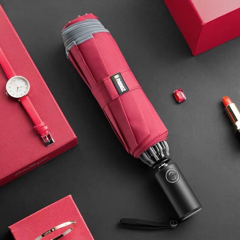 Automatische Vouwen Automatische Open Reverse Paraplu Mannelijke Sunny Regen Sterk Reflecterende Anti-Wind Paraplu Met Led: Red