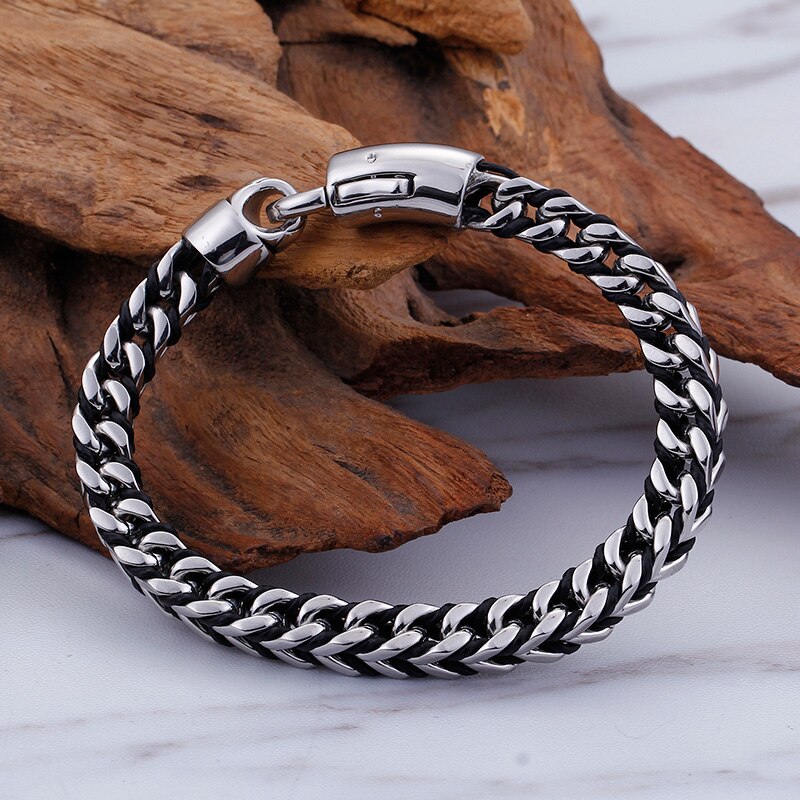 Mannen Big Size Link Sieraden Gevlochten Leer Rvs Geweven Keten Breedte 8Mm Kabel Twijn Armband 23Cm