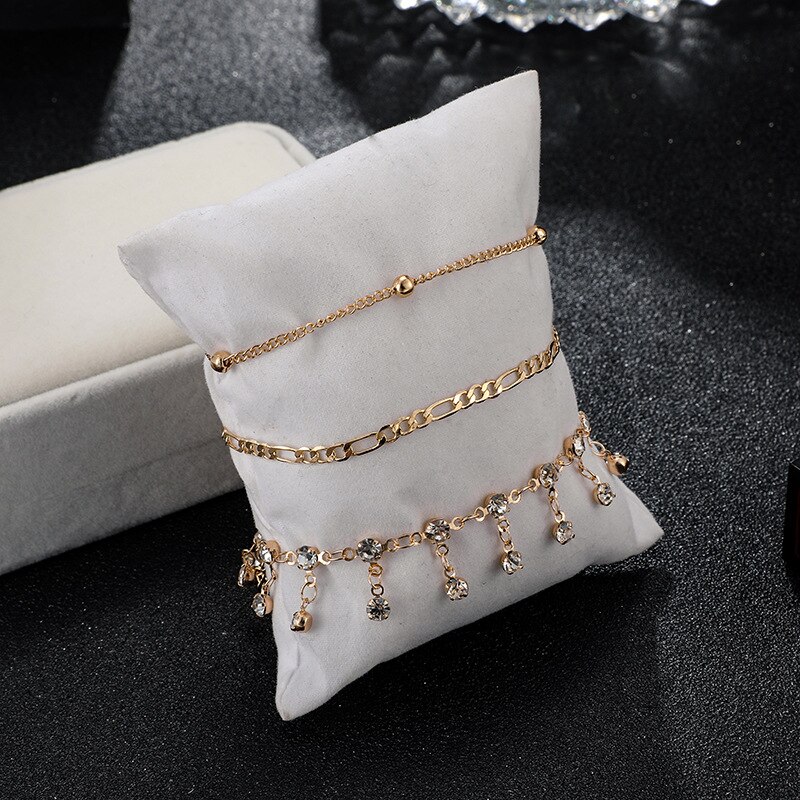 3Pcs Bohemian Ankle Armbanden Set Multilayer Kralen Strass Kwastje Hanger Charm Armbanden Vrouwen Enkelbandje Voet Sieraden