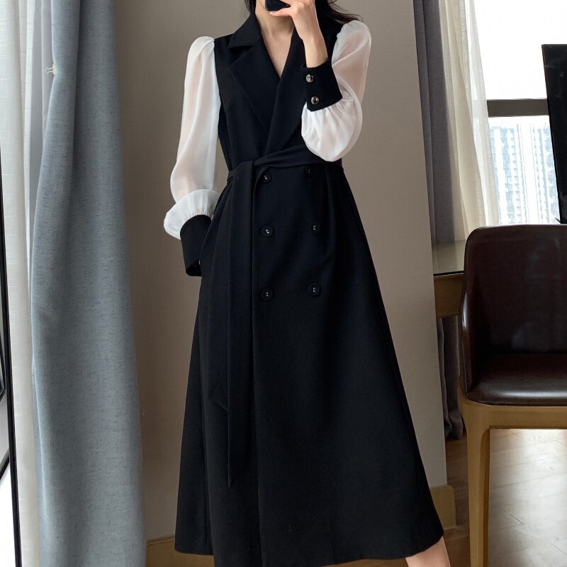 Vintage belte maxi kjoler for kvinner hakk lange ermer kontor dame blazer kjole høst vinter lang a-linje svart kjole