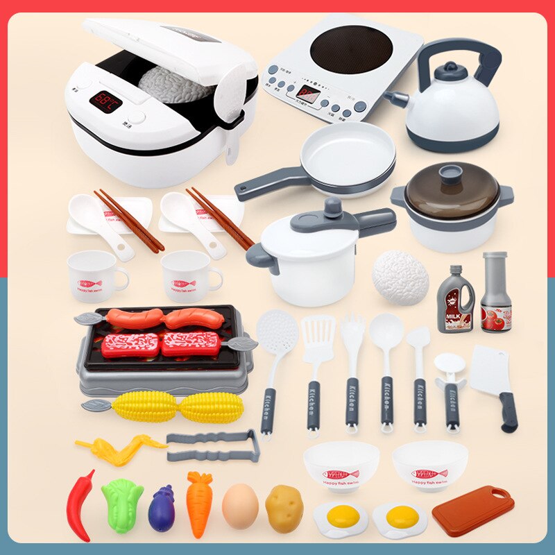 Children Play House Kitchen Toys Simulation Kitchenware Early Education Learning Kit Girl Cooking Rice Cooker Toy Kid's Kitchen: white 52