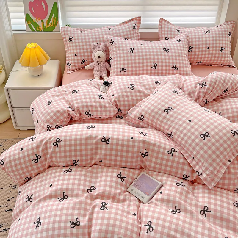 Parure de lit nordique verte à carreaux pour filles et garçons, housse de couette Double Queen Size, drap plat, taie d'oreiller, sans remplissage,: Roi / Rouge