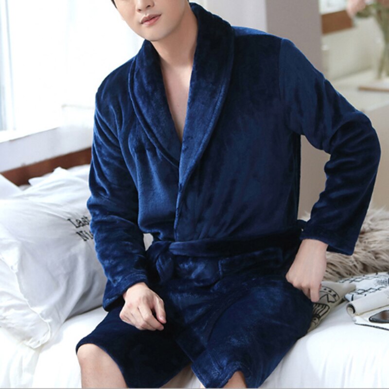 Winter Mannen Warm Nightgrown Casual Zachte Effen Sjerpen Lange Mouwen Mannelijke Pyjama Homewear Warm Nachtkleding