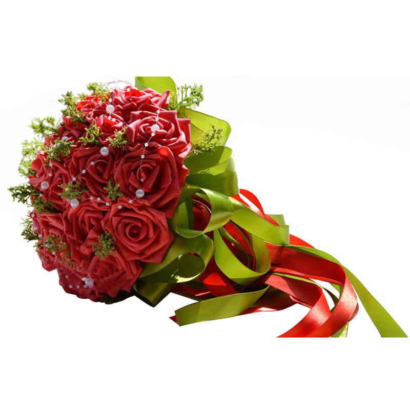Handgemaakte Pastorale Kunstmatige Nep Bloemen Boeket Simulatie Rozen Parels Bridal Holding Toss Boeket Voor Bruiloft Gunsten: Rood