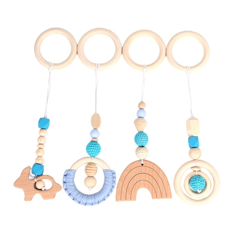 4 Stks/set Baby Play Gym Frame Wandelwagen Opknoping Hangers Hout Ring Bijtring Molaire: Blauw