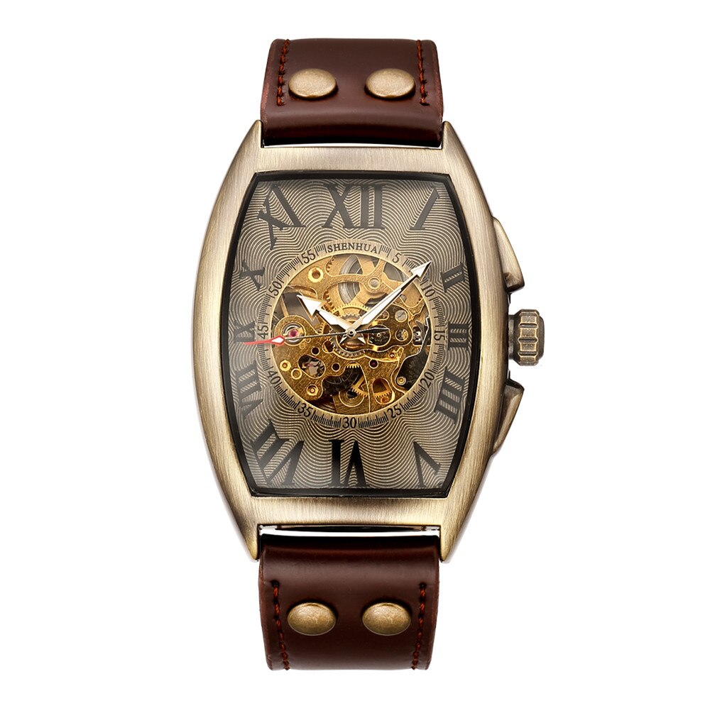 Retro automatiske ure mænd kranium skelet urskive selv vind brun armbåndsur han vintage vintage romersk ur læder reloj relogio: Brunt skelet