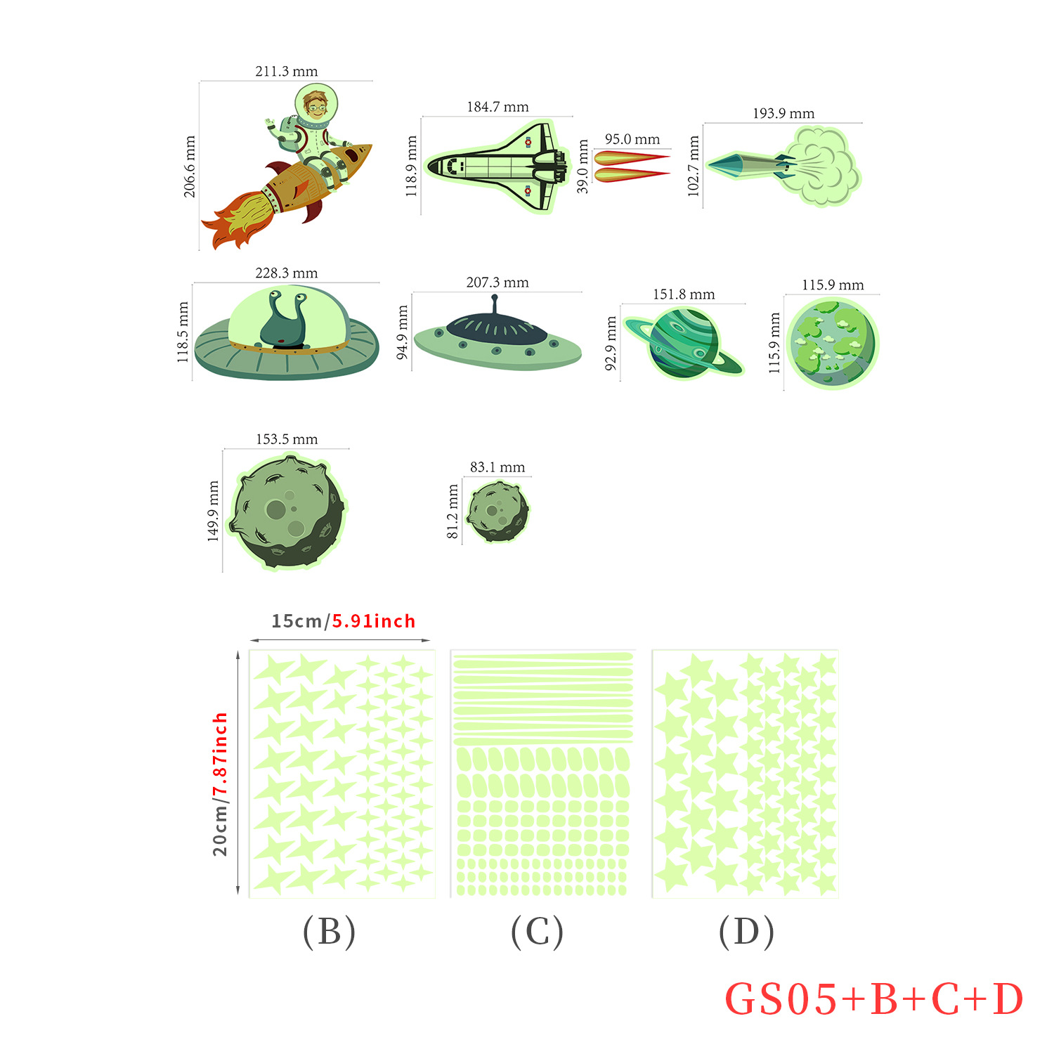 Cartoon Luminous Wall Stickers Home Decor Kawaii Moon Star Animal Wallpaper Kids Room Mural Nursery Poster Bedroom Decoration: Gs-05 set