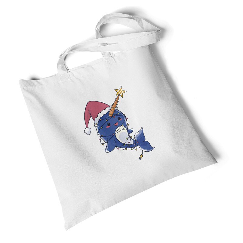 Milieuvriendelijke boodschappentassen dames dierenprint canvas tas strand grote casual handtassen originele studenten schoudertassen: Kerst narwal