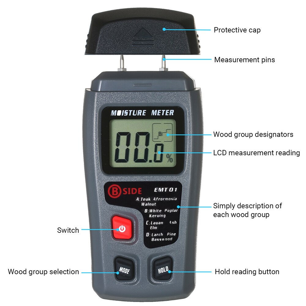 Wood Moisture Test Moisture Meter 4 Modes Portable Hygrometer Pin Type Timber Humidity Instrument Handheld Water Leak Detector