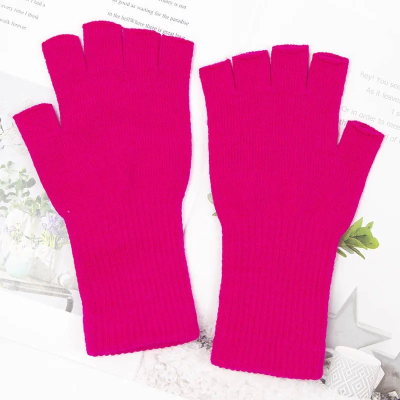 Guantes sin dedos de medio dedo para hombre y mujer, manoplas de punto de lana y algodón, color blanco y negro, cálidos para trabajo, otoño e invierno, novedad de 2022: Fucsia