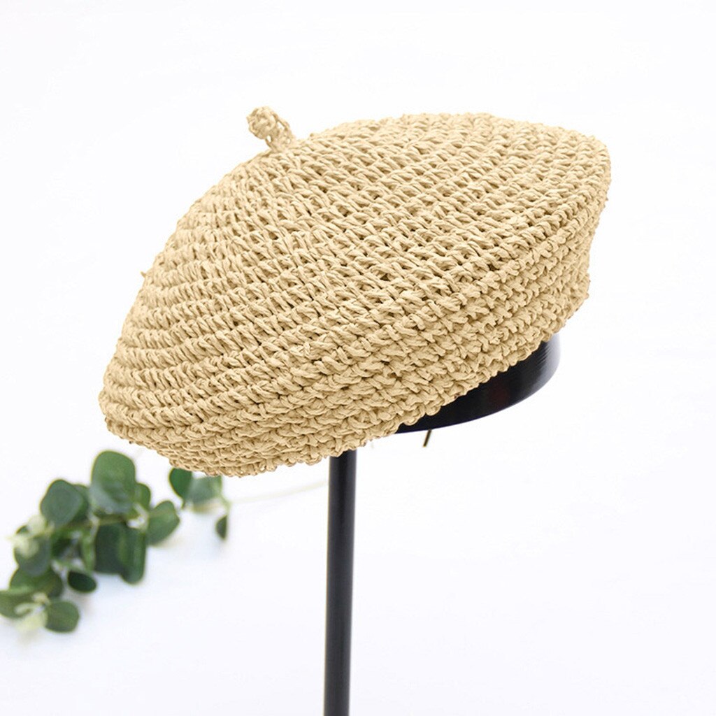 Handmade Women Berets French Female Straw Hats Girl Flat Cap Knit Black Beret For Woman Summer #L5: Beige
