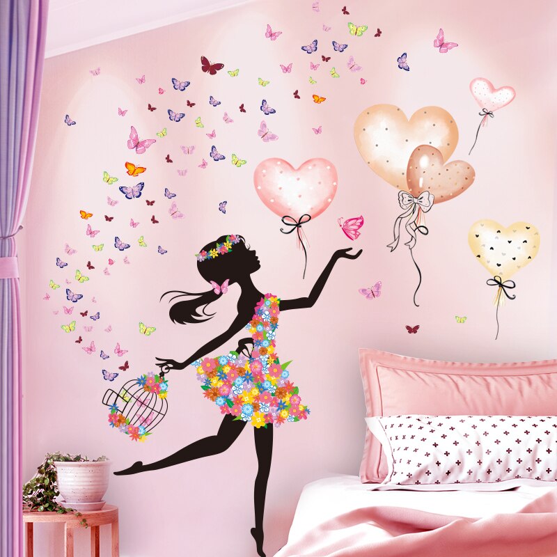 Cartoon Fairy Meisje Muurstickers Diy Vlinders Birdcage Muurstickers Voor Kinderen Kamers Baby Slaapkamer Decoratie: girl and balloons