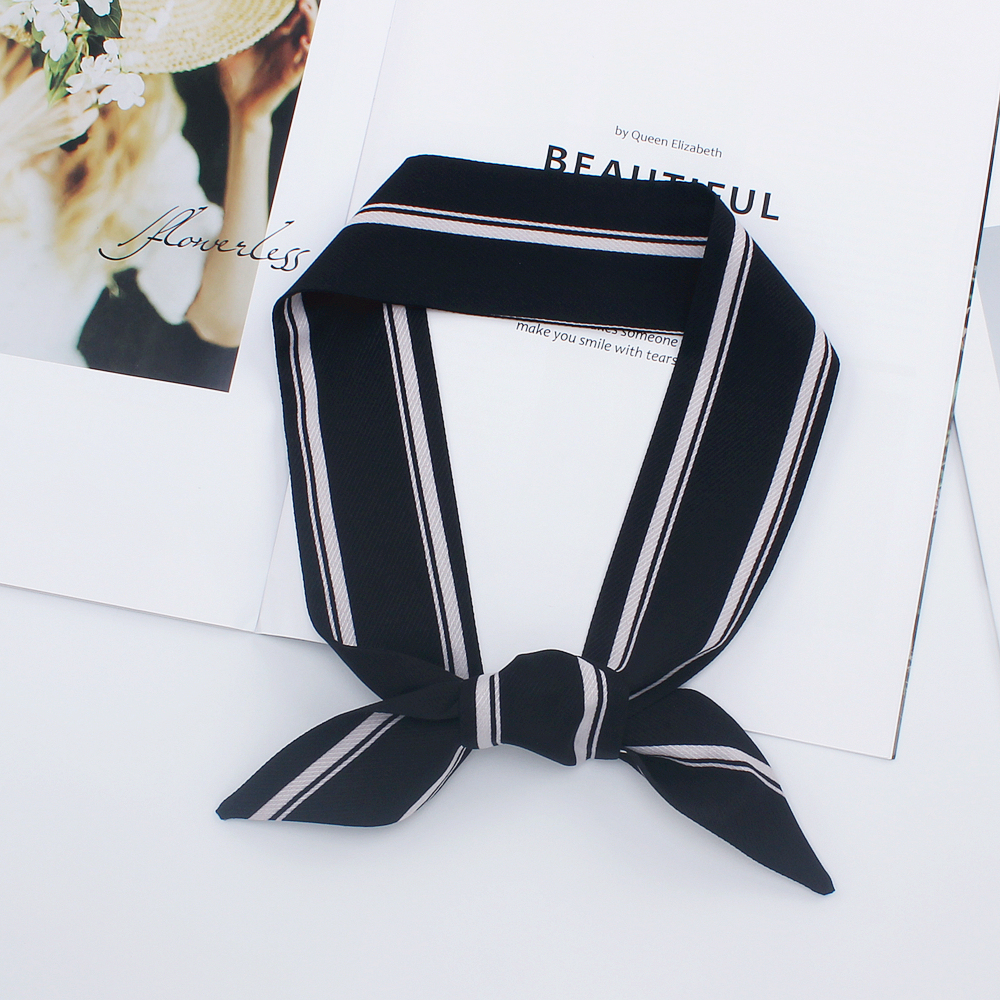 90cm*5cm Long Small Thin Stripe Print Skinny Scarf Luxury Brand Silk Scarf Women Bag Head Scarves For Ladies Tie: black
