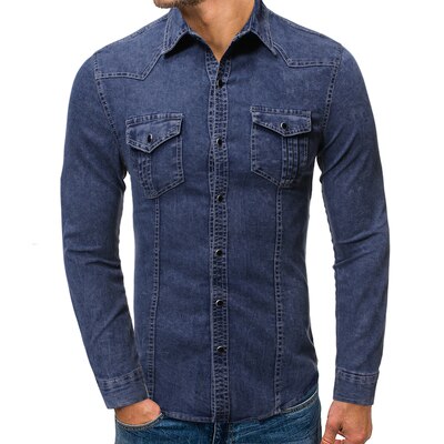 Casual jeansskjorta herr slim fit långärmad 100%  bomull vintage distressed solid skjorta manligt märkeskläder: Blå / M