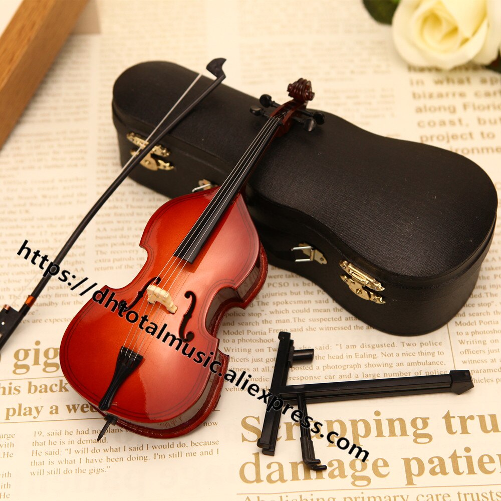 Mini doppel Bass mit Unterstützung Miniatur Kontrabass Holz Musical Instrumente Sammlung Dekorative Ornamente Modell