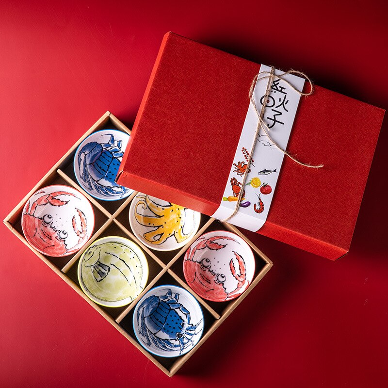 Japanese Ceramic Tableware Set Box Rice Soup Noodle Salad Bowl Seasoning Small Bowl Hand-painted Underglaze Candy Bowl: Cartoon-6 pcs