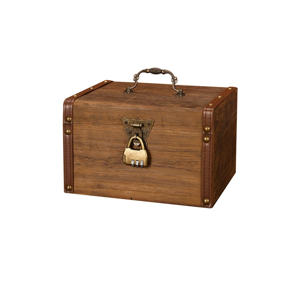 Household Small Safe Deposit Box Child Little Girl Wooden Piggy Bank Retro Desktop Storage Box: L paulownia lock
