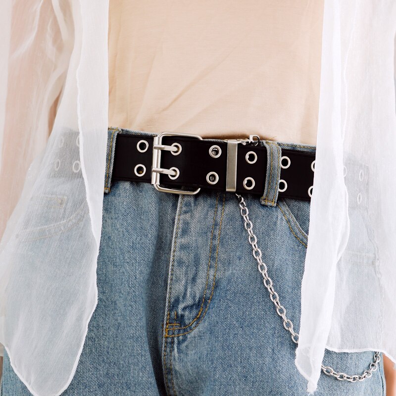 Gold Metal Double Pin Buckle Chain Women Belt PU Leather Punk Luxury Brand Waist Strap Belts for Jeans