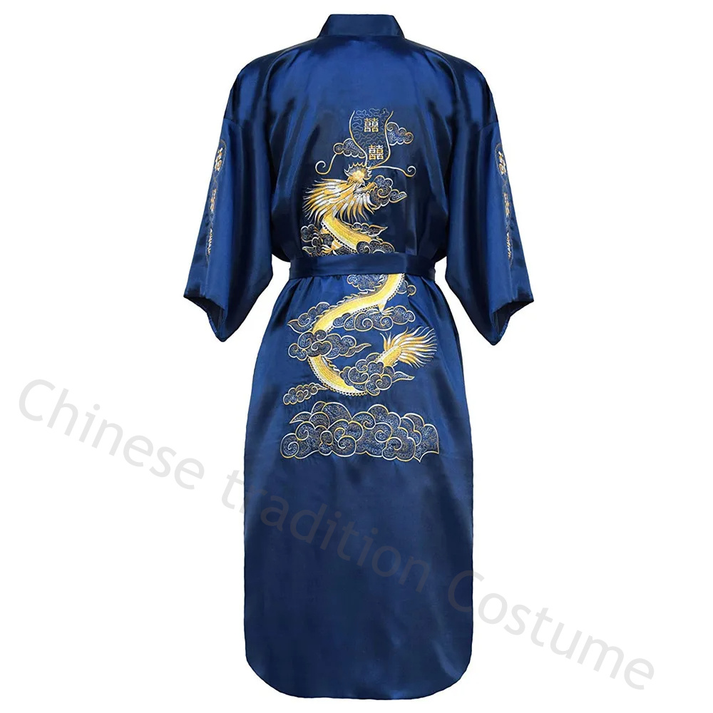 Chinese stijl gewaad klassieke borduur draak kimono man homewear lange badjas satijnen nachtjapon losse nachtkleding loungewear