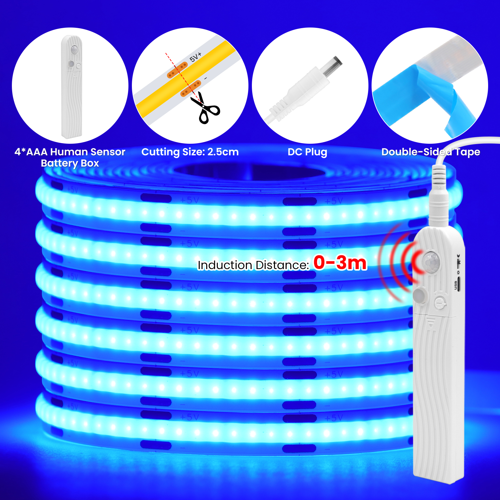 Tira de luces LED COB con Sensor humano, batería 4AAA, cinta LED Flexible regulable de 5V con cinta adhesiva para retroiluminación de armario y dormitorio: Azul / 1 m