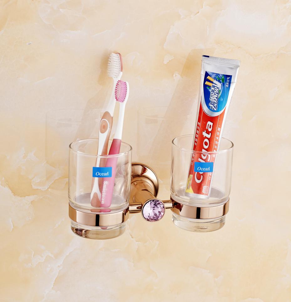 Luxury Pink Crystal/ Diamond Toothbrush Holder Antique Rose Gold Solid Polish Toothbrush Tumbler Bathroom Accessories Products