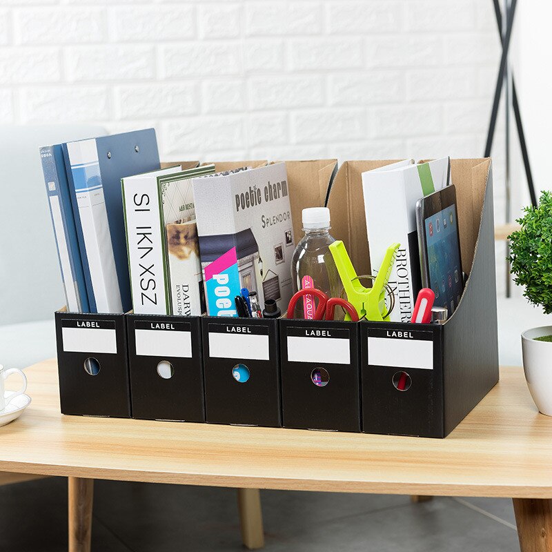 5Pcs/Set File Book Holder School Foldable Desk Organiser Office Letter Magazine Document Storage Cardboard Box Stationery Black