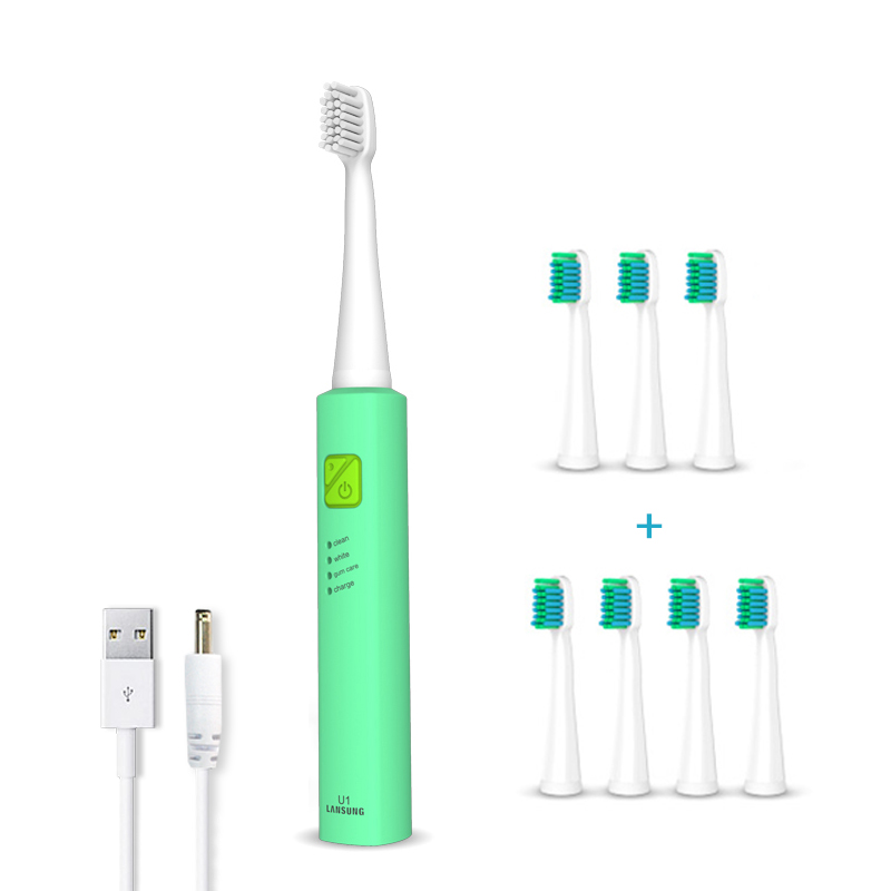 Ultrasonic Sonic Electric Toothbrush Rechargeable Tooth Brushes electric toothbrush with U1 tooth brush heads cepillo dental 4: full green 8 heads