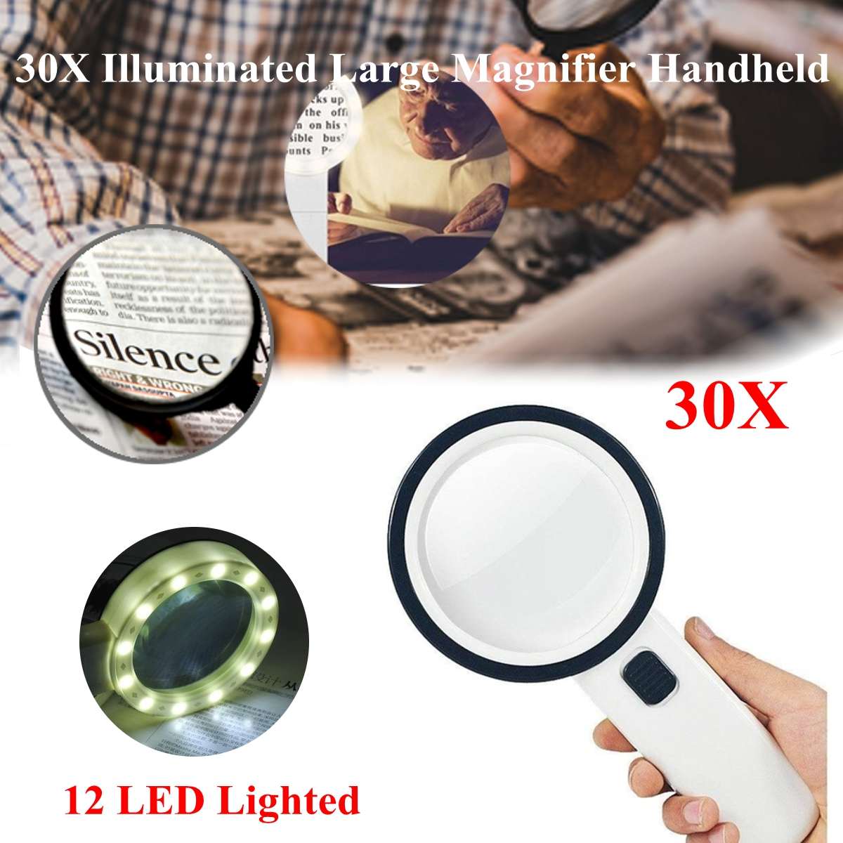30X Verlichte Grote Vergrootglas Handheld 12 LED Verlichte Vergrootglas voor Senioren Lezen Solderen Sieraden Verkennen