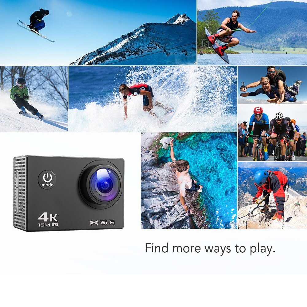 Caméra d'action 4K Ultra HD WIFI 16MP Sport caméra 1080P 170 degrés 2.0 pouces écran casque caméra plongée étanche 30M Sport DV