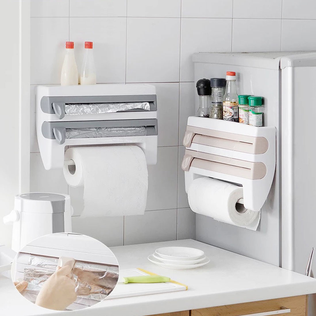 4in1 Muur-Mount Folie Papieren Handdoek Houder Saus Fles Opbergrek Food Grade Film Cutter Mutifunction Zeef Keuken Organizer