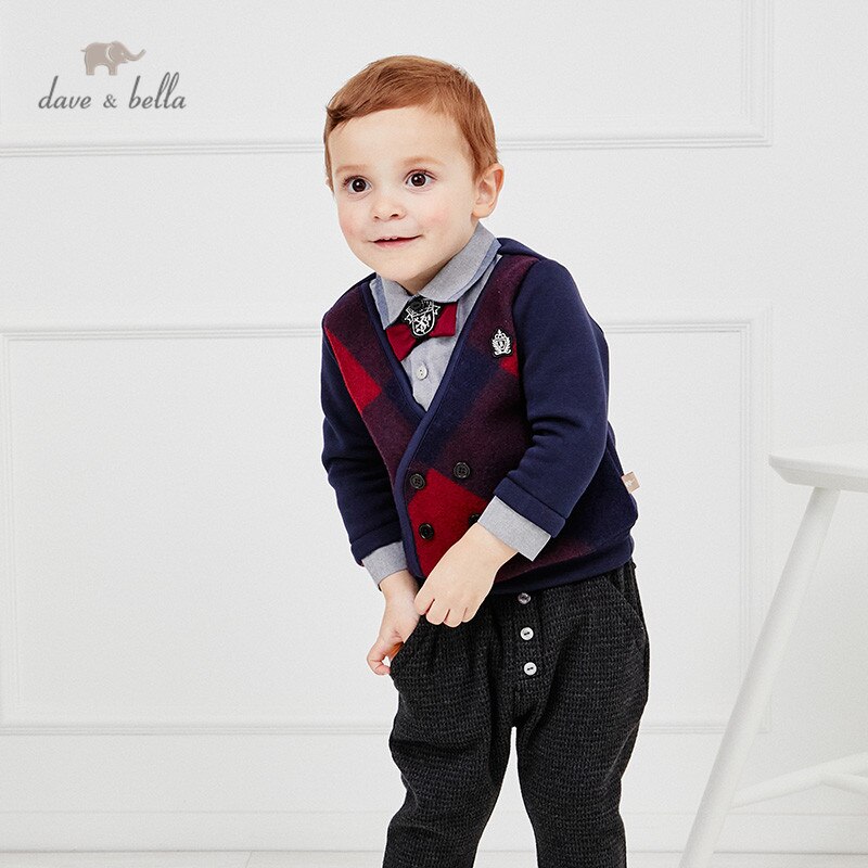 DB14480 dave bella autunno del bambino dei ragazzi casuali rimovibile arco plaid T-camicia per bambini della ragazza dei bambini di modo magliette