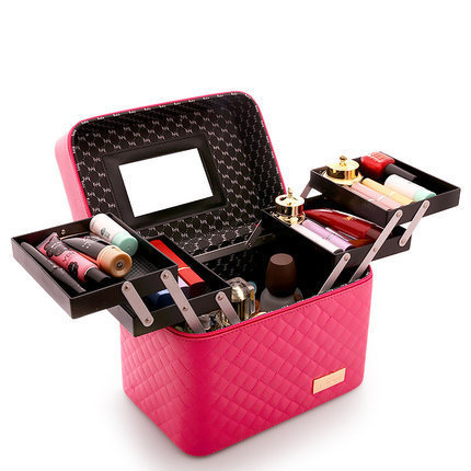 Large Capacity Makeup Suitcase Women Multilayer Toiletry Cosmetic Bag Organizer Portable Beauty Case Storage Box: rose red